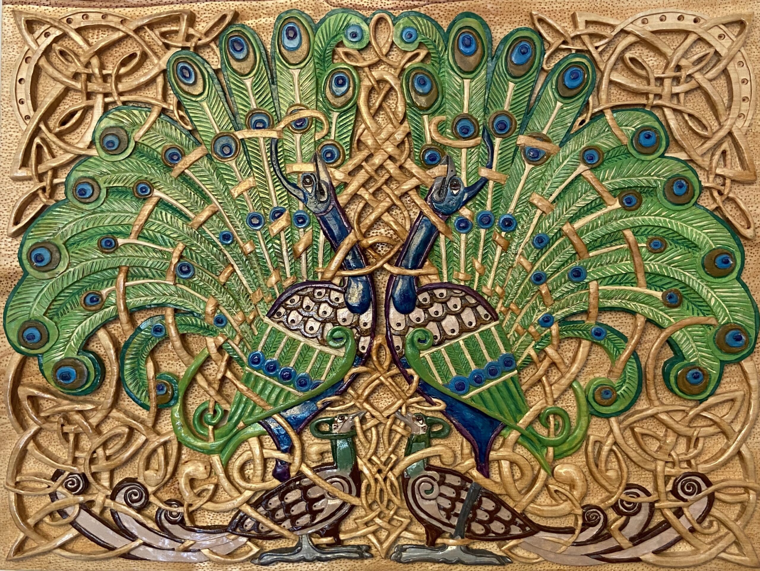 Celtic Peacocks Wood Carving