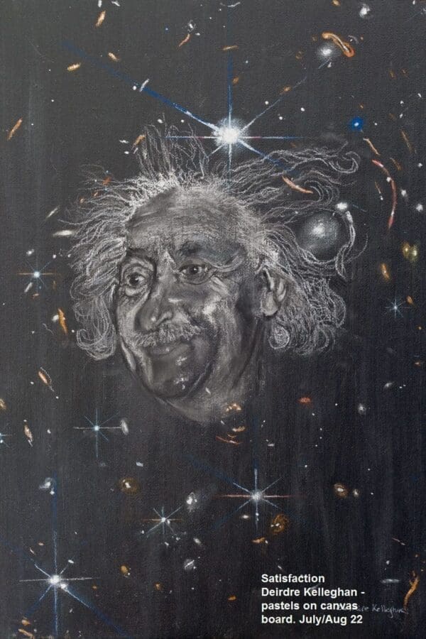 A drawing celebrating the recent James Webb Space Telescope image of a cluster of galaxies called SMAC 0723. Including lots of curved galaxies with Einstein being very pleased with the result - once again confirming his theory of gravitational lensing. Irish Artmart