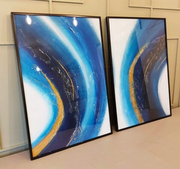 Two large framed paintings. Each is 71cm x 51cm. Handmade, textured painting on canvas. Material: Acrylic paint, canvas, plastic frame with glass. We can deliver to Naas, Rathcoole, Celbridge or Kildare. Price: €170 for both open to offers. YouTube video: https://www.youtube.com/watch?v=CjSevUDMmOo
