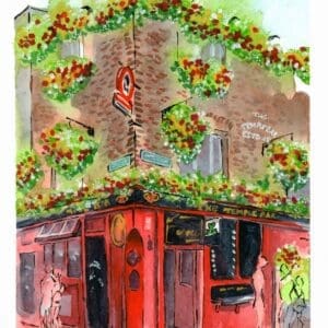 watercolor and ink painting of The Temple Bar Pub in Dublin.