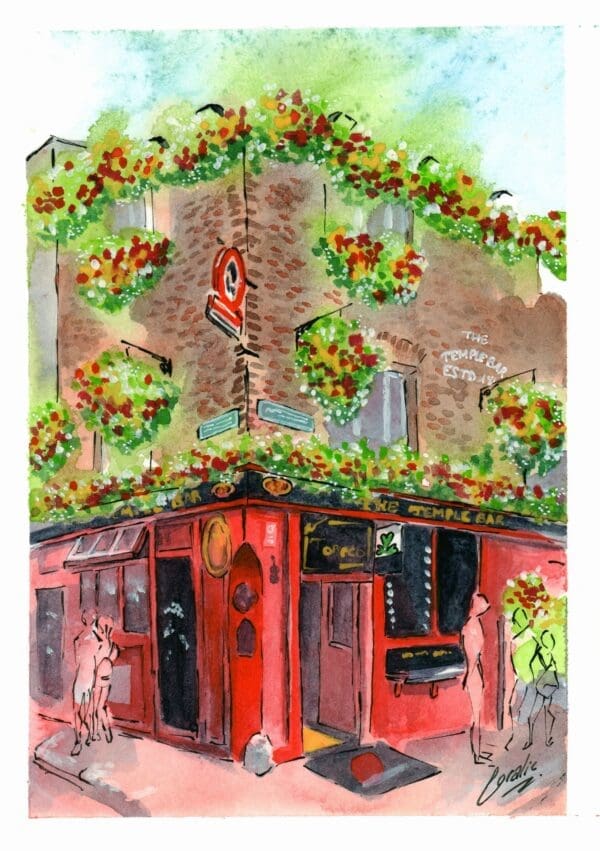 watercolor and ink painting of The Temple Bar Pub in Dublin.