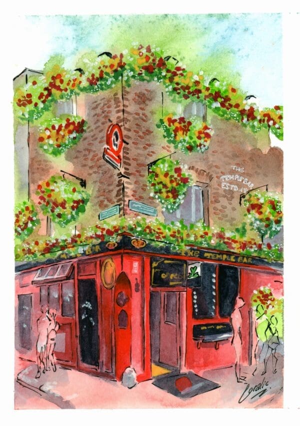 watercolor and ink painting of The Temple Bar Pub in Dublin. Irish Artmart