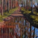 painting of a woodland with reflections