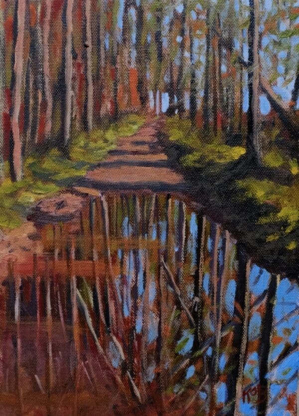 painting of a woodland with reflections Irish Artmart