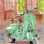painting of a vintage mint green vespa in the streets of Italy