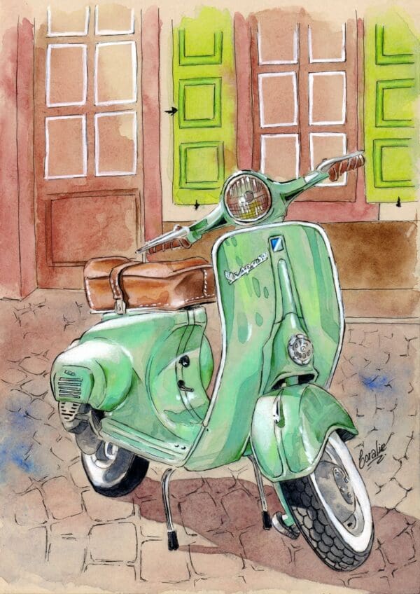painting of a vintage mint green vespa in the streets of Italy Irish Artmart