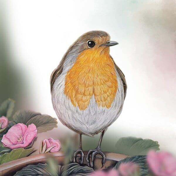 Robin among strawberry flowers.