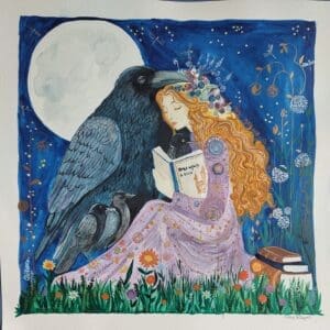 a fairy reading books to ravens under the full moon