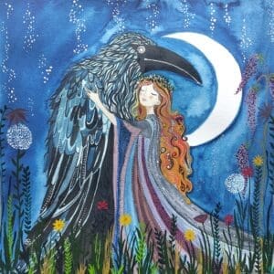 raven and fairy hug under the moon