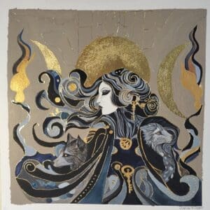 Discover "Hecate," an artwork inspired by the powerful goddess of Greek mythology. Hecate, the goddess of magic, witchcraft, the night, and the moon, is depicted with flowing, stylized hair, framed by two guardian hounds. This piece employs techniques inspired by stained glass and cloisonné, featuring gold leaf, deep blues, and intricate patterns that create a rich, jewel-like effect. Perfect for lovers of mythology and modern witchcraft, "Hecate" is a captivating addition to any art collection. Irish Artmart