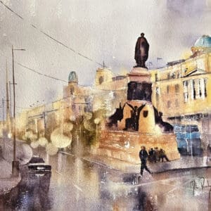 Watercolor art print of Dublin City, capturing its historic charm and vibrant urban landscape. The painting features iconic landmarks, charming streets, and the unique architecture of Dublin, rendered in soft, natural hues and delicate brushstrokes. Perfect for lovers of Ireland and Irish culture, this artwork brings the heart of Dublin to life