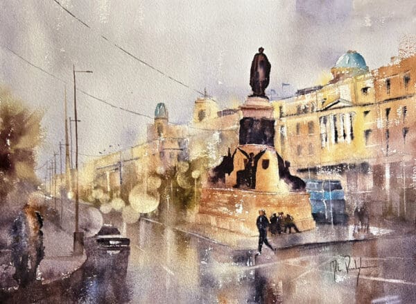 Watercolor art print of Dublin City, capturing its historic charm and vibrant urban landscape. The painting features iconic landmarks, charming streets, and the unique architecture of Dublin, rendered in soft, natural hues and delicate brushstrokes. Perfect for lovers of Ireland and Irish culture, this artwork brings the heart of Dublin to life Irish Artmart