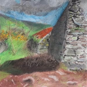 old stone building with orange roof, in a landscape