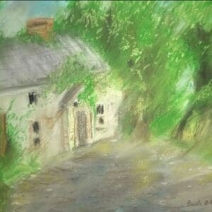 Derelict house surrounded by green trees