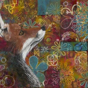 A fox’s head looking up in an abstract background