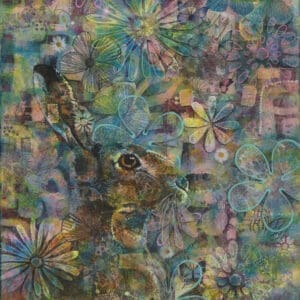 A hare is hiding behind a layer of abstract patterns