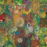 A fox sits on a background of colourful art
