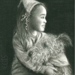 Charcoal portrait artwork of a girl hugging her dog, expressing calm and companionship.